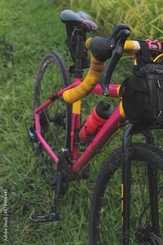 Pink and yellow gravel bike with rice field view