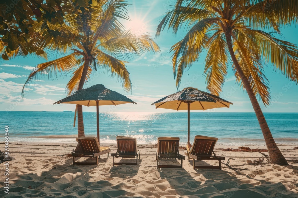Beach scene with four wooden lounge chairs under large umbrellas and shaded by palm trees. A perfect tropical setting for enjoying a sunny getaway by the seaside. Beach scene with four wooden lounge chairs under large umbrellas and shaded by palm trees. A perfect tropical setting for enjoying a sunny getaway by the seaside.