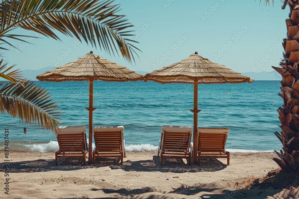 Fototapeta premium Two straw umbrellas with wooden chairs on a sandy beach overlooking the ocean, providing a perfect spot to enjoy the waves and soak up the sun.