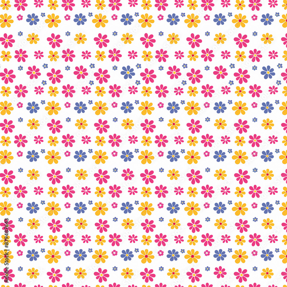 Seamless Pattern with small colourful Flowers on white background. Flat design. Ditsy Print. Suitable for Print, Wrapping, Cover Seamless Pattern with small colourful Flowers on white background. Flat design. Ditsy Print. Suitable for Print, Wrapping, Cover