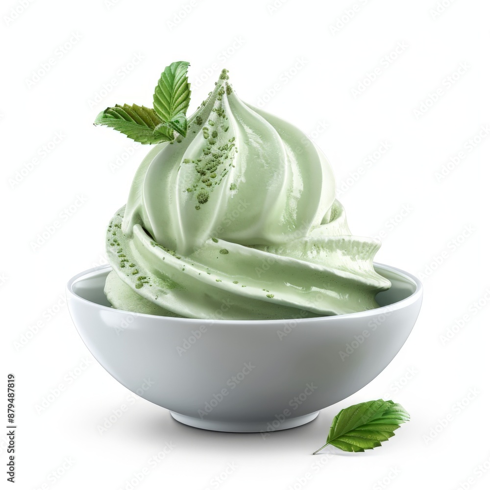 A bowl of green tea ice cream, featuring a swirl with a mint leaf garnish. A bowl of green tea ice cream, featuring a swirl with a mint leaf garnish.