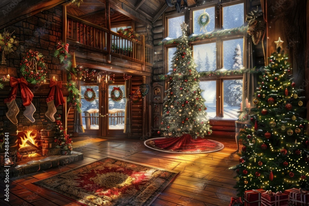 Fototapeta premium Warm and inviting christmas cabin interior with a decorated christmas tree, burning fireplace, and festive decorations