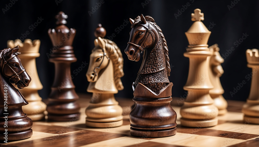 International chess day, a wooden knight chess piece on a chessboard with other chess pieces blurred in the background. The board features alternating dark and light squares with a glossy finish International chess day, a wooden knight chess piece on a chessboard with other chess pieces blurred in the background. The board features alternating dark and light squares with a glossy finish