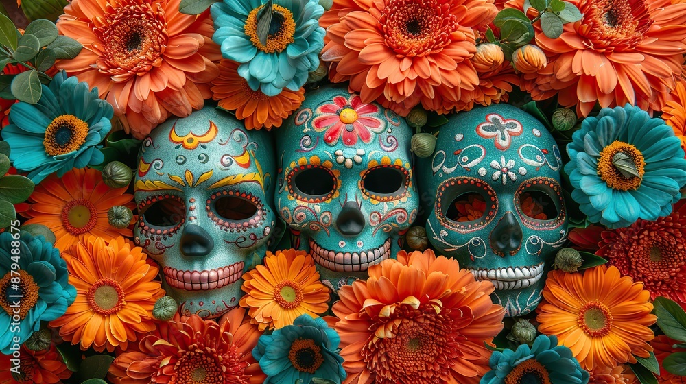 day of the dead dia de los muertos flat lay composition,mexican flowers masks sugar skull,image day of the dead dia de los muertos flat lay composition,mexican flowers masks sugar skull,image