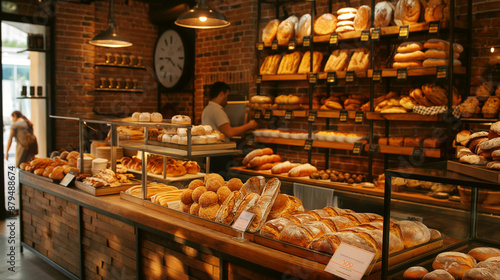 Interior of a cozy bakery with fresh bread on display, attended by a baker