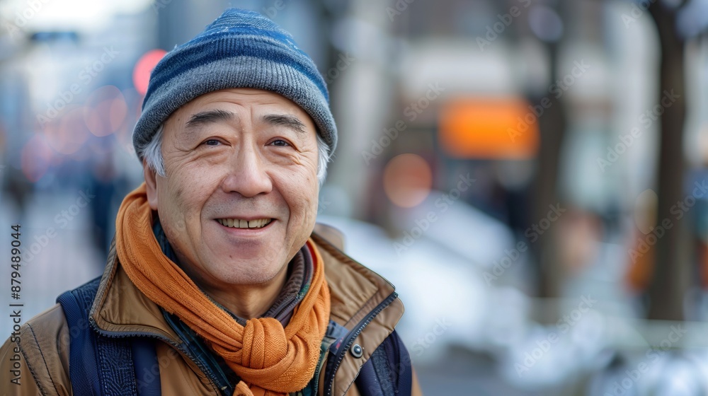 A person is seen wearing a blue hat and orange scarf, standing on a snow-covered street with blurred buildings and lights in the background, embodying winter urban life. A person is seen wearing a blue hat and orange scarf, standing on a snow-covered street with blurred buildings and lights in the background, embodying winter urban life.
