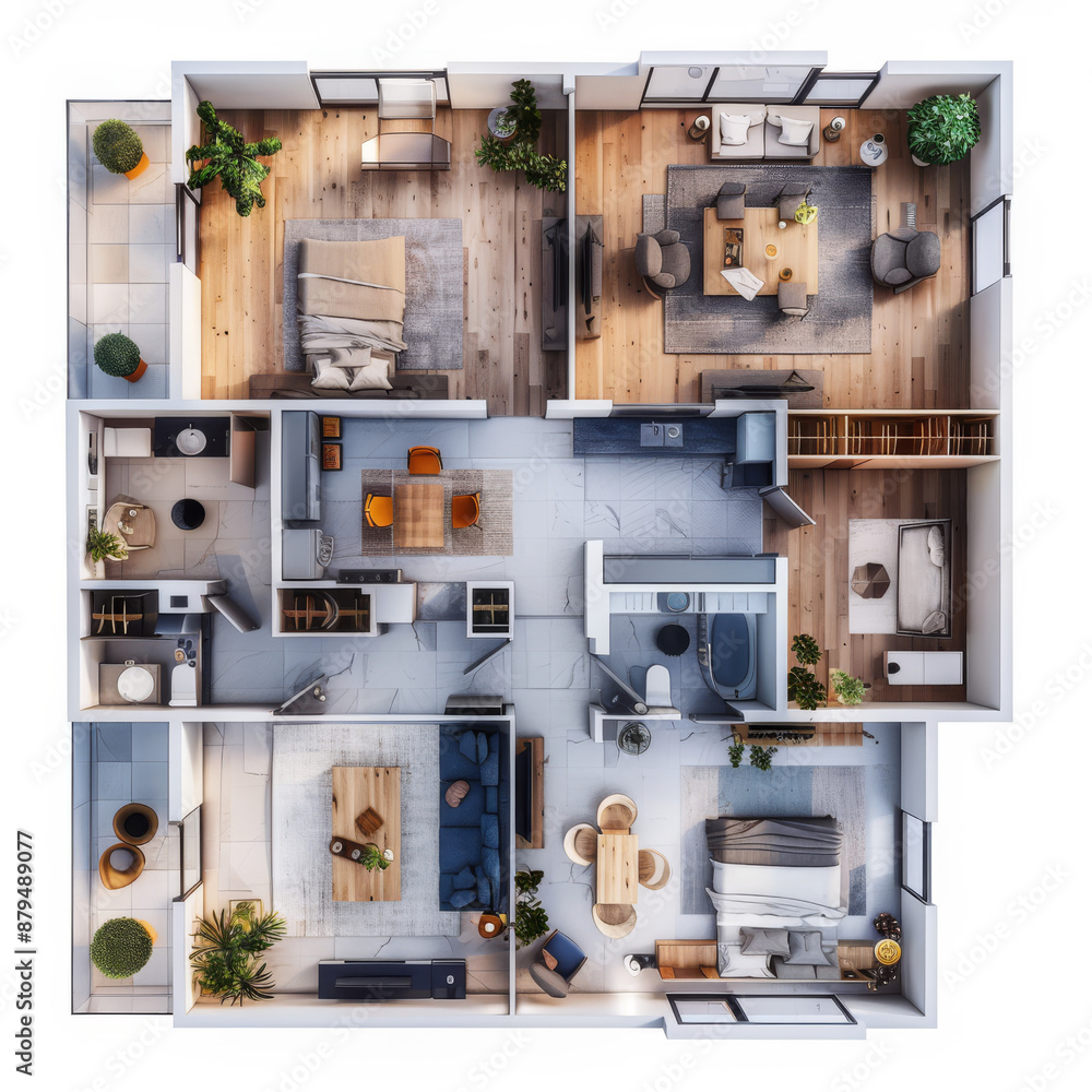 Top-down 3D illustration of a house floor plan showcasing an open-concept living layout. Top-down 3D illustration of a house floor plan showcasing an open-concept living layout.