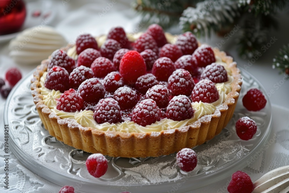 Freshly baked raspberry tart with powdered sugar sitting on a table Freshly baked raspberry tart with powdered sugar sitting on a table