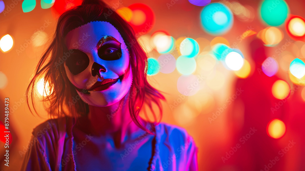 Portrait of a charming woman wearing a ghost mask, attending a lively Halloween gathering with colorful party lights Portrait of a charming woman wearing a ghost mask, attending a lively Halloween gathering with colorful party lights