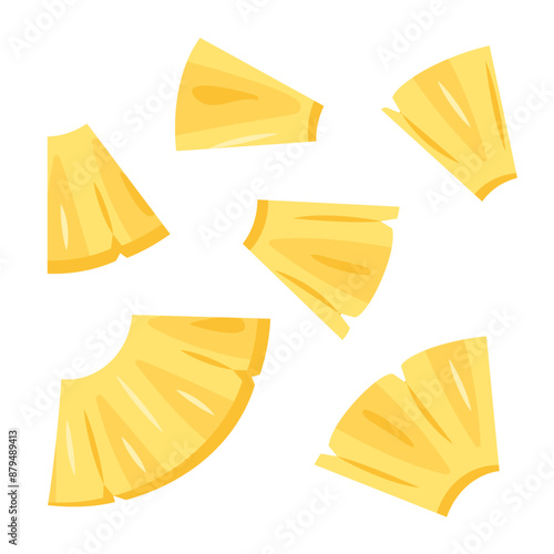 Fresh yellow Pineapple chunks, pieces slice icon set. Healthy vegetarian snack, cut Pineapple for design. Sliced on pieces ananas. Hand drawn trendy flat style isolated Vector illustration