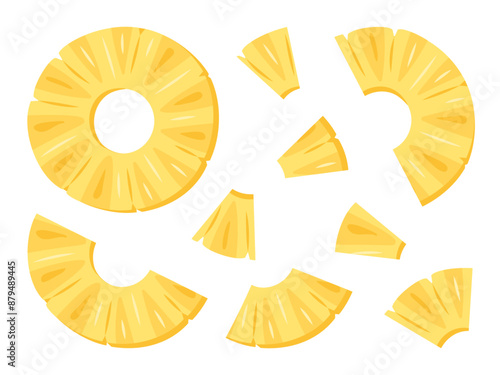 Fresh yellow Pineapple chunks, ring, pieces slice icon set. Healthy vegetarian snack, cut Pineapple for design. Sliced on pieces ananas. Hand drawn trendy flat style isolated Vector illustration