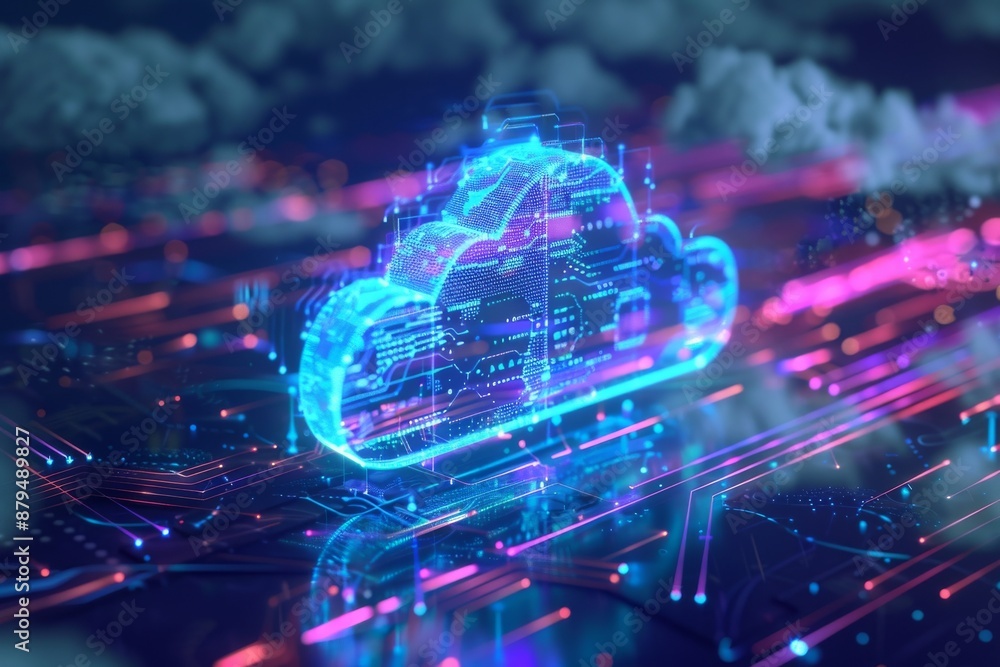 futuristic advance hi-tech abstract digital cloud computing icon with tech symbols lines dots against intricate network of circuits. Beautiful simple AI generated image in 4K, unique. futuristic advance hi-tech abstract digital cloud computing icon with tech symbols lines dots against intricate network of circuits. Beautiful simple AI generated image in 4K, unique.