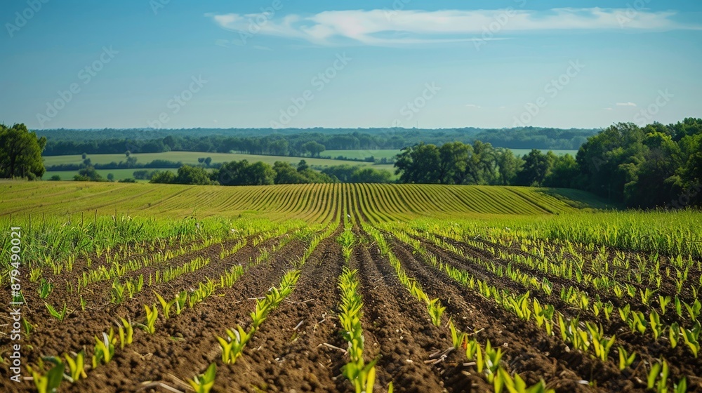 A rural farm landscape, fields of crops stretching to the horizon under a clear blue sky A rural farm landscape, fields of crops stretching to the horizon under a clear blue sky