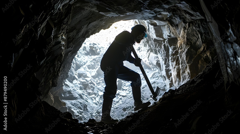 Fototapeta premium Silhouette of a Miner with a Pickaxe Exploring a Dark Underground Cave for Valuable Minerals and