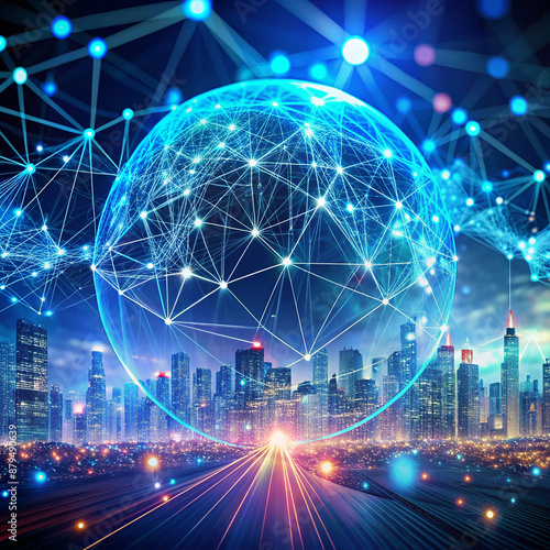 Global network connection with road and city at night, abstract technology background