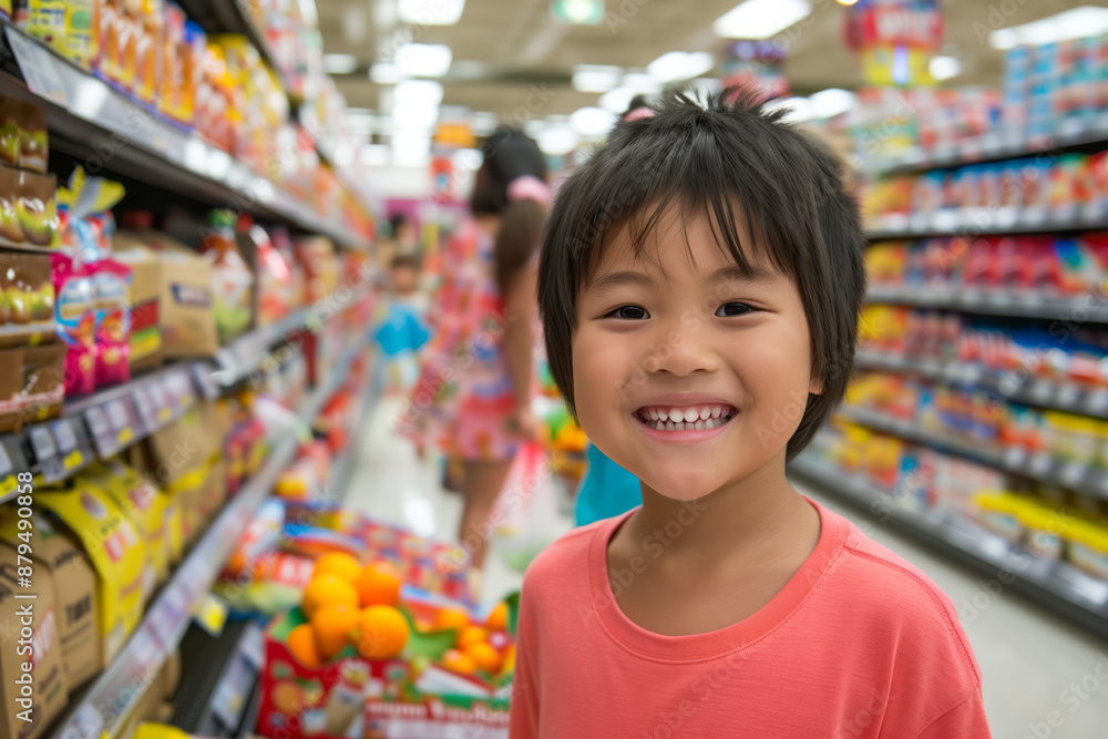 Cheerful smiling asian child enjoying her time in a supermarket, surrounded by colorful groceries Cheerful smiling asian child enjoying her time in a supermarket, surrounded by colorful groceries