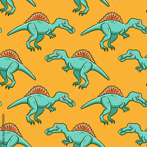 Seamless pattern cute spinosaurus in Asian kawaii style. Dinosaur, prehistoric predatory lizard, mascot. Cartoon character Funny vector illustration for wallpaper, fabric, wrapping, background