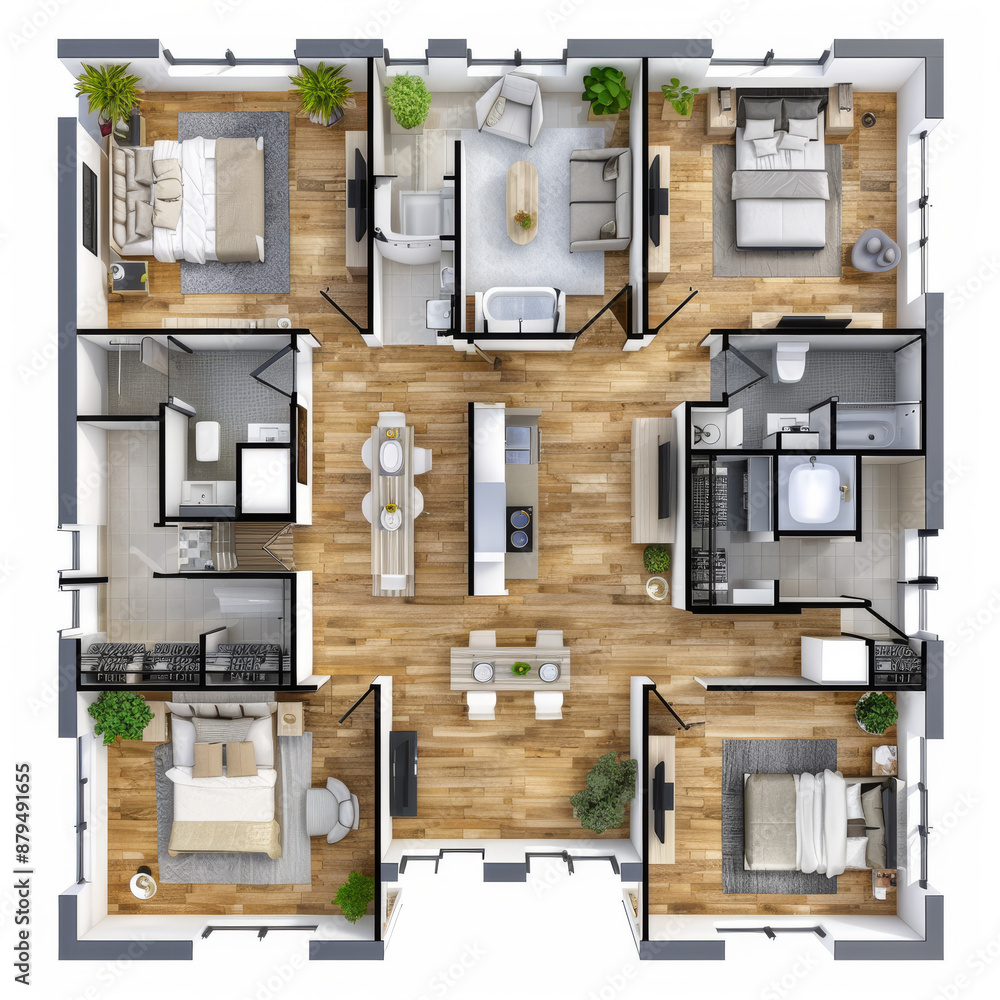 Top-down 3D illustration of a house floor plan showcasing an open-concept living layout. Top-down 3D illustration of a house floor plan showcasing an open-concept living layout.