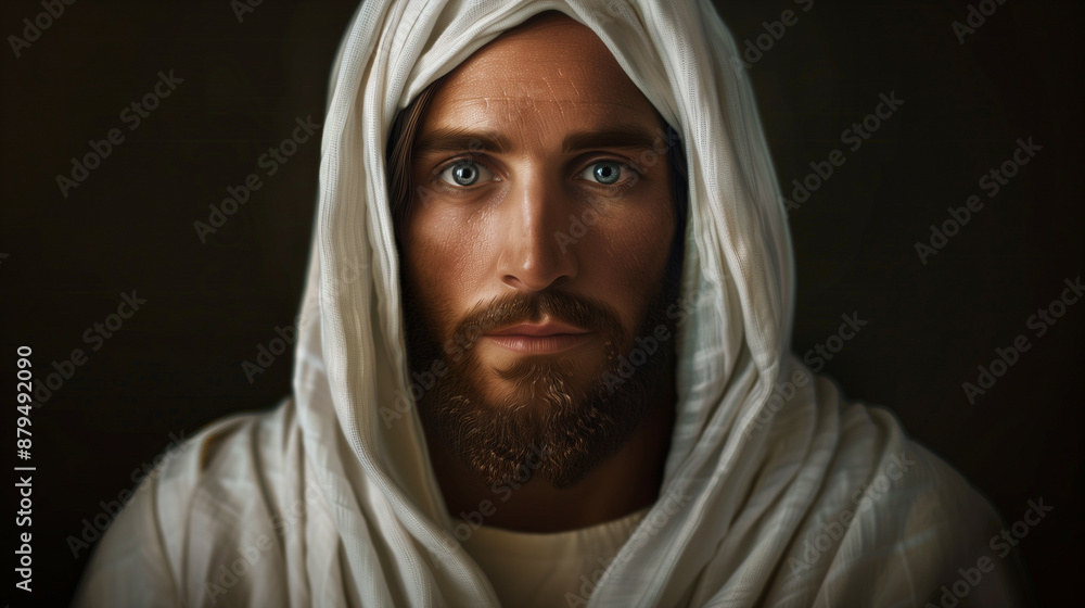 '' closeup of Jesus Christ with a serene expression and a soft halo around his head wearing white robes '' closeup of Jesus Christ with a serene expression and a soft halo around his head wearing white robes