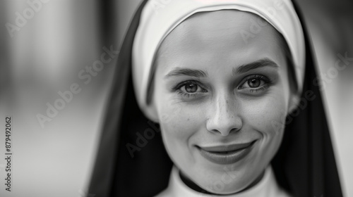 '' closeup of a nun with a serene expression and a soft halo around her head black and white habit  photo