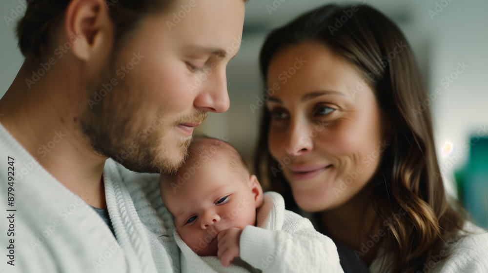 '' new parents looking lovingly at their newborn baby in a maternity hospital room filled with soft light '' new parents looking lovingly at their newborn baby in a maternity hospital room filled with soft light