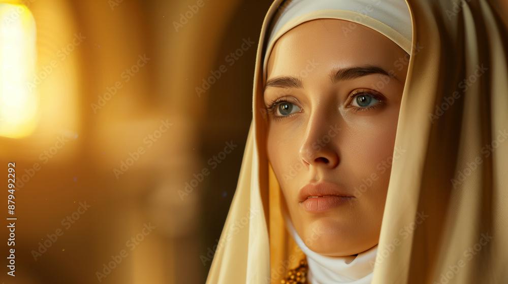 '' nun holding a rosary with a peaceful expression and soft golden light '' nun holding a rosary with a peaceful expression and soft golden light