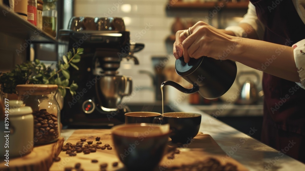 Close-up of hands preparing gourmet coffee in a stylish kitchen Close-up of hands preparing gourmet coffee in a stylish kitchen