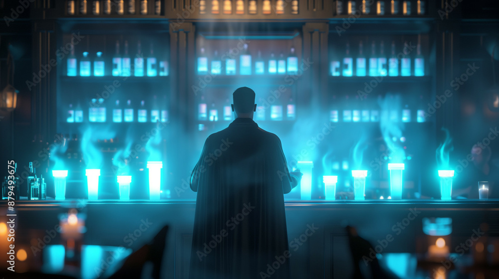 a vampire barista in a gothic coffee shop, serving steaming cups of eerie, glowing brews to ghostly patrons a vampire barista in a gothic coffee shop, serving steaming cups of eerie, glowing brews to ghostly patrons