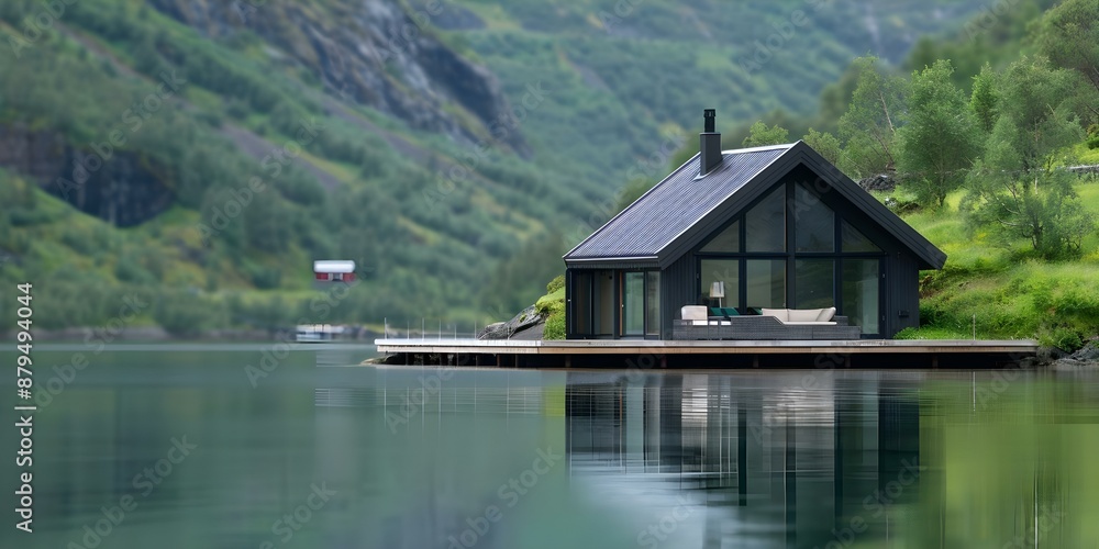 Fototapeta premium Seaside Home Seamlessly Integrates with Nature, Providing a Serene Escape for Nature Enthusiasts. Concept Seaside Living, Nature Integration, Serene Escape, Nature Enthusiasts, Tranquil Retreat