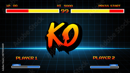 Ko,knockout retro game on blue arcade background .pixel art .8 bit game.arcade screen.retro game. for game assets in vector illustrations.