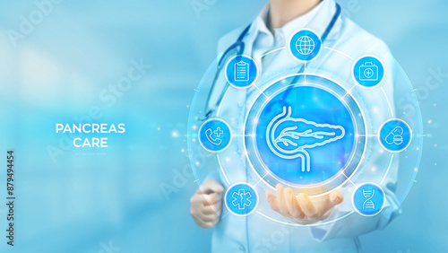 Pancreas care and health. Treatment of pancreatic diseases, acute and chronic pancreatitis. Doctor holding in hand Pancreas icon and medical icons network connection on virtual screen. Vector.