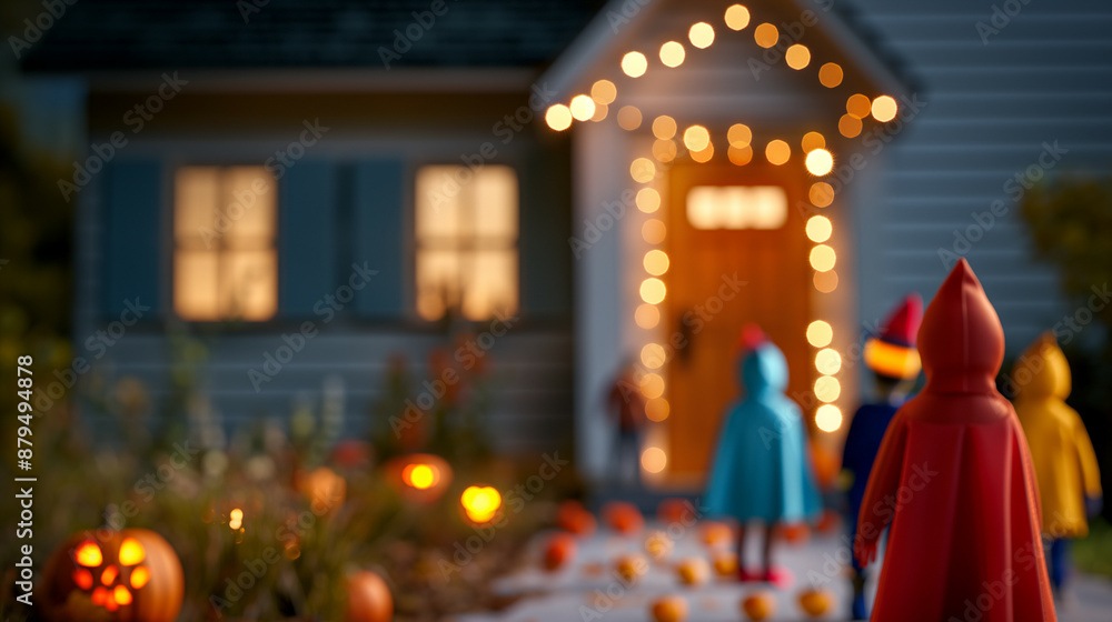 door camera view of trick-or-treaters approaching the house, costumes ranging from superheroes to monsters, Halloween lights twinkling, spooky atmosphere door camera view of trick-or-treaters approaching the house, costumes ranging from superheroes to monsters, Halloween lights twinkling, spooky atmosphere