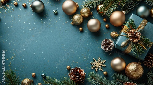xmas greeting card template luxury blue christmas background,glittering gift box golden balls decorations fir branches in corner of greeting card,stock image