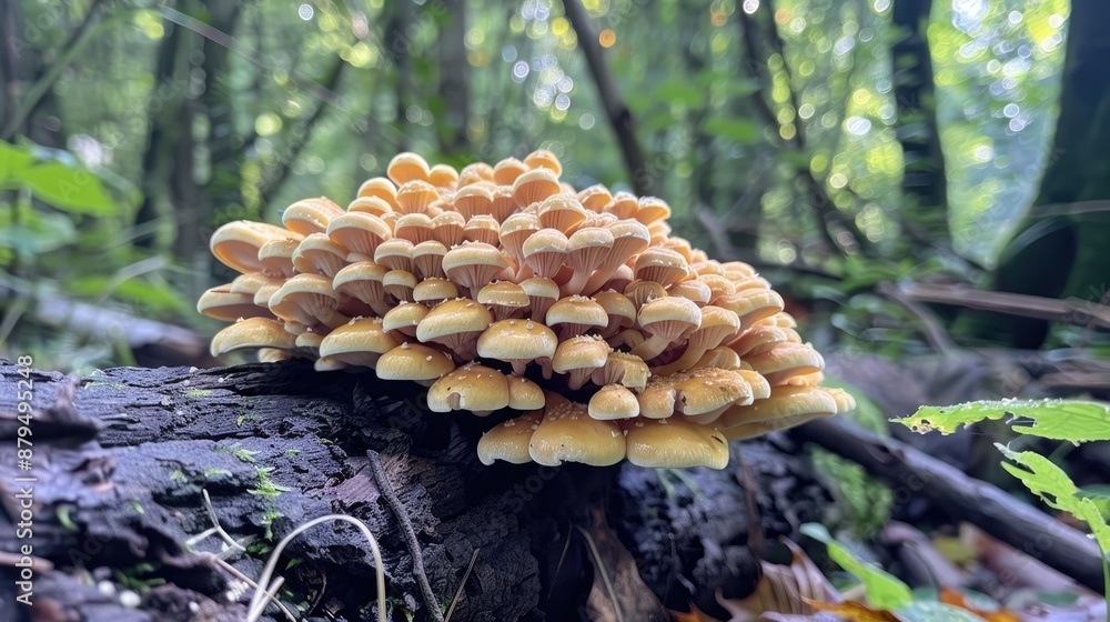Scaly tinder mushrooms growing on old fallen log in lush forest setting