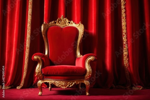 The Throne Room with Red royal chair on a background of red curtains. 