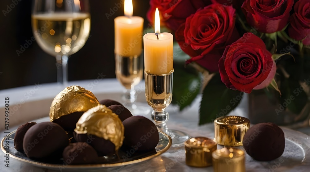 A table with champagne, roses, candles, chocolates