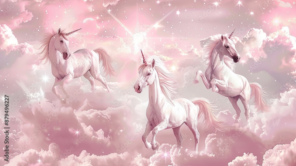 Dreamy wallpaper for little girls featuring unicorns, stars, and clouds in soft pink and white shades. Perfect for creating a magical and whimsical atmosphere in their bedrooms or playrooms. Dreamy wallpaper for little girls featuring unicorns, stars, and clouds in soft pink and white shades. Perfect for creating a magical and whimsical atmosphere in their bedrooms or playrooms.
