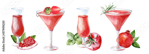 Set of watercolor red cocktails with fruits. Collection of illustrations of alcoholic drinks with pomegranate, tomatoes and berries. Drawing bar and cafe menu photo