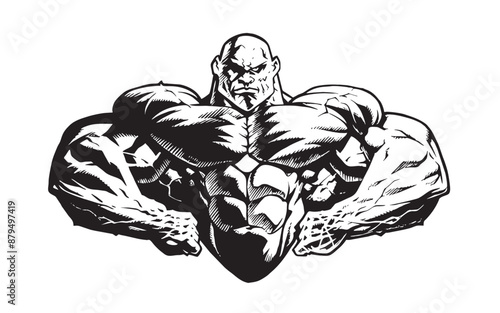 Heavy Body Builder Posing Vector Black on White for T-shirts and Wall Decal Workout Athletic Gym Muscle Logo Fitness Beast Barbell Bodybuilding Healthy Wall Sticker for Gym Decor