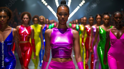 Wide angle of a fashion runway featuring multiple models in various latex outfits, vibrant lights and a cheering crowd in the background  photo