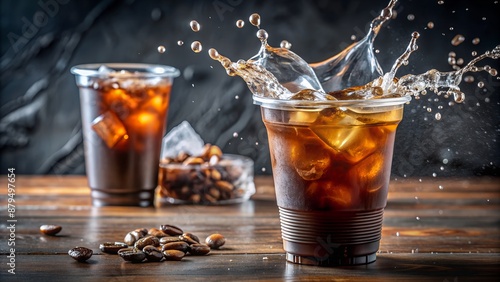 Iced coffee in a plastic cup with a splash photo