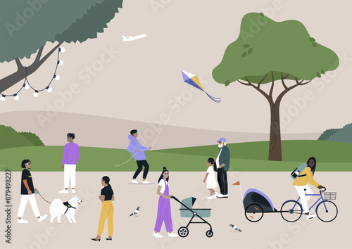 A diverse group of people enjoy a sunny day in the park, with activities like flying a kite, walking their dog, and pushing a stroller
