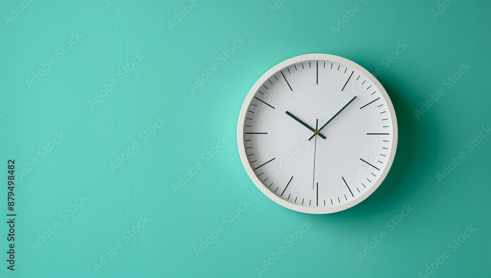 A simple white clock with black numeralson a white table against a solid pastel mint green background, concept of minimalist home decor, minimalist style A simple white clock with black numeralson a white table against a solid pastel mint green background, concept of minimalist home decor, minimalist style