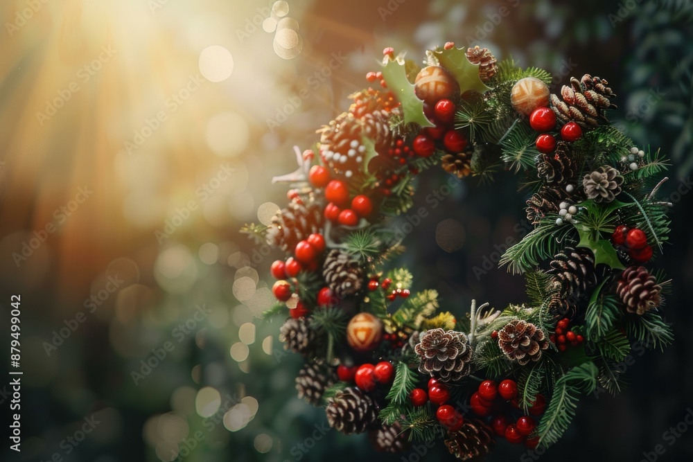 Christmas wreath with red berries, pine cones and golden ornaments hanging in front of a window with golden bokeh lights Christmas wreath with red berries, pine cones and golden ornaments hanging in front of a window with golden bokeh lights