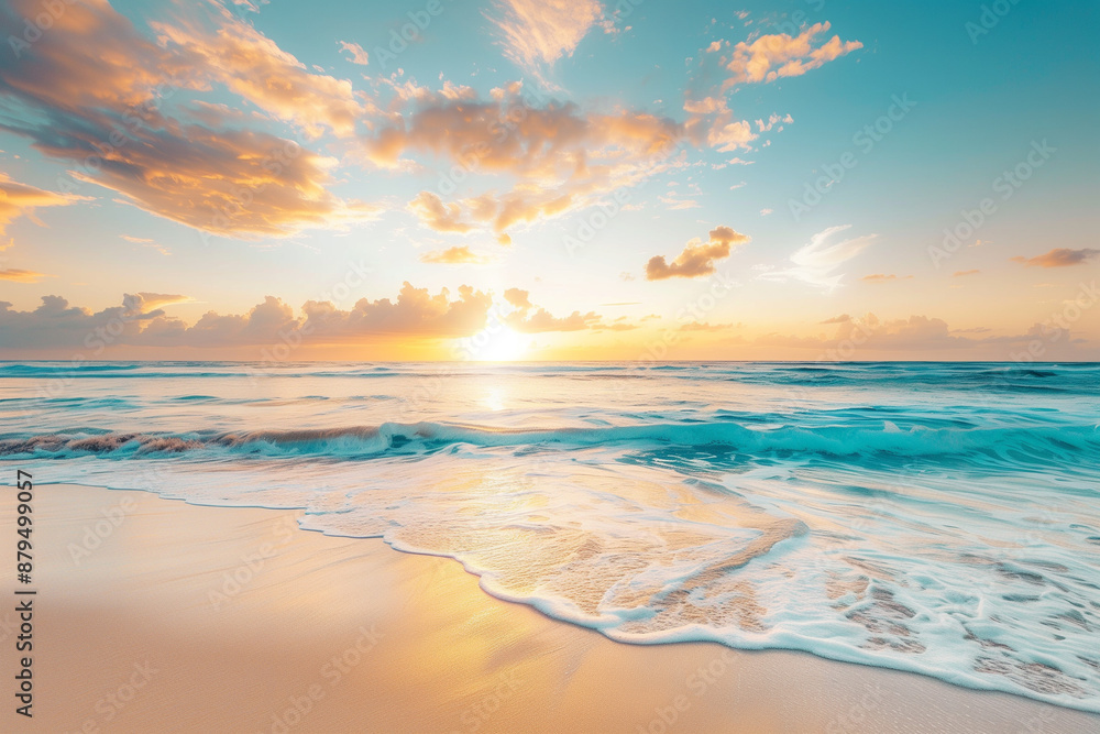 Beautiful beach with golden sand and turquoise water at sunset. Empty beach at golden hour summer vacation background. Beautiful beach with golden sand and turquoise water at sunset. Empty beach at golden hour summer vacation background.