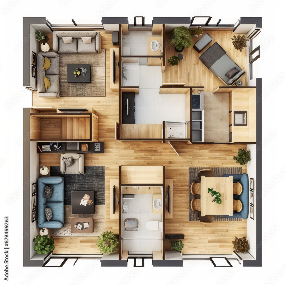 Top-down 3D render of an apartment interior floor plan isolated on a white background. Top-down 3D render of an apartment interior floor plan isolated on a white background.
