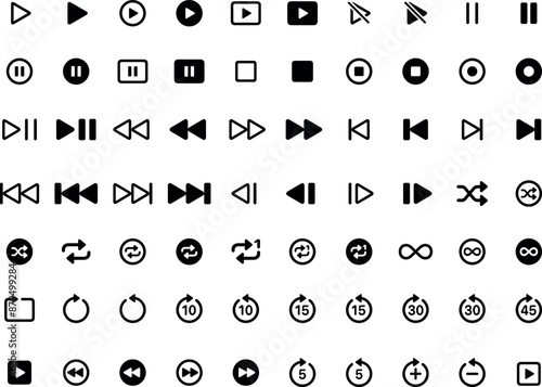 Media player buttons set. Media player icons collection. Multimedia symbols isolated on white background. Vector illustration of audio, video, music, recording, interface pictogram pack.