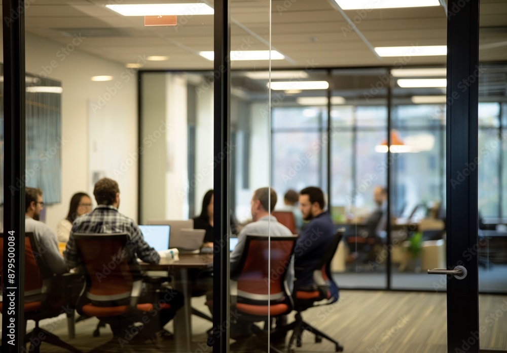 Obraz premium A group of people are sitting around a table in a conference room
