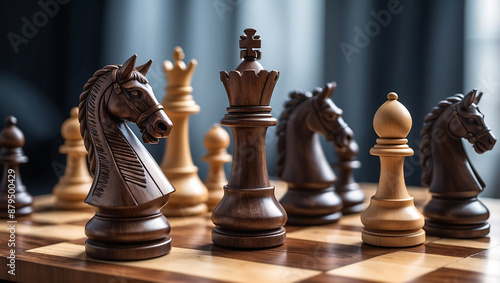 International chess day, a wooden knight chess piece on a chessboard with other chess pieces blurred in the background. The board features alternating dark and light squares with a glossy finish