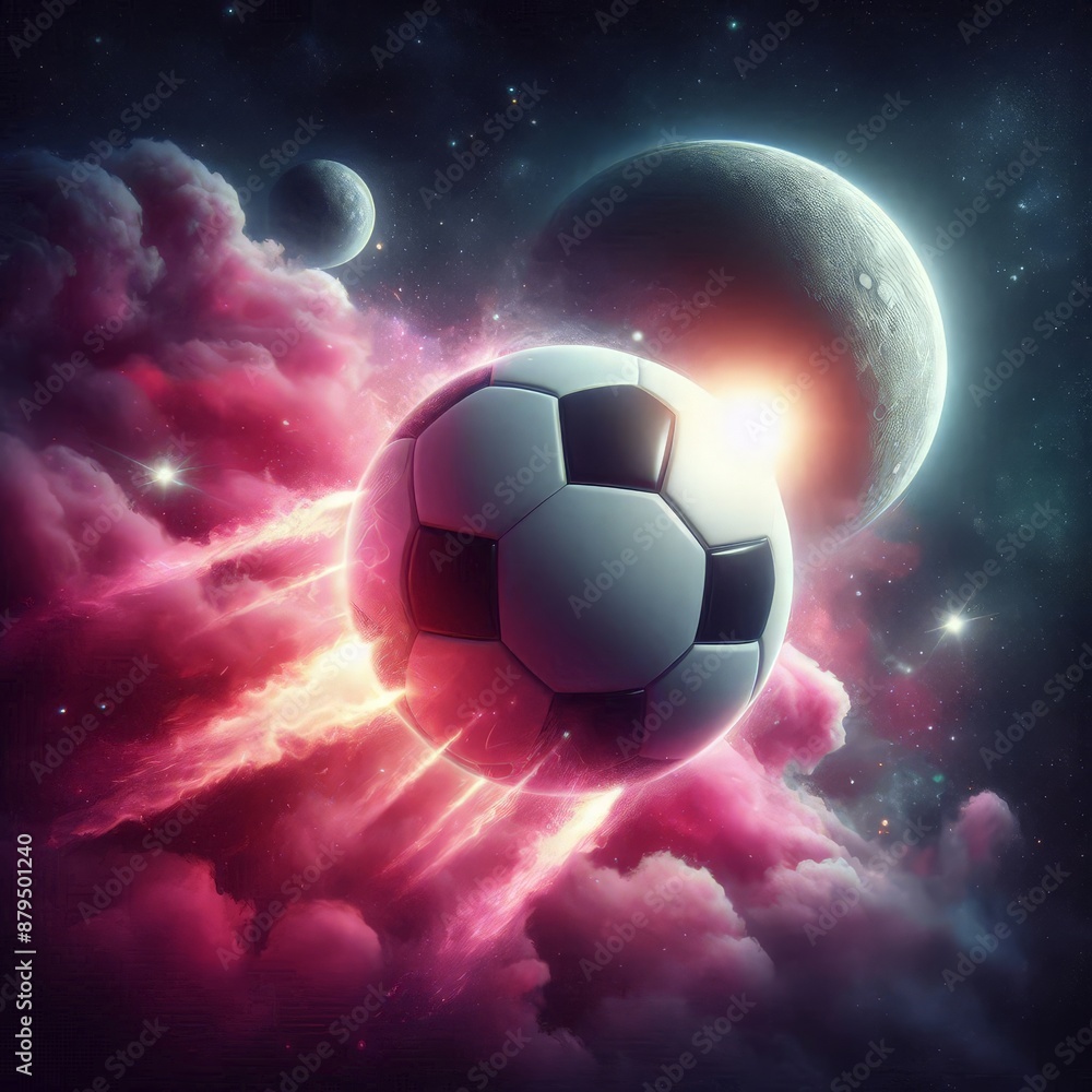 Fototapeta premium a photo realistic soccer ball as a planet in space with pink smoke and explosions, with 2 moons in the background, digital art